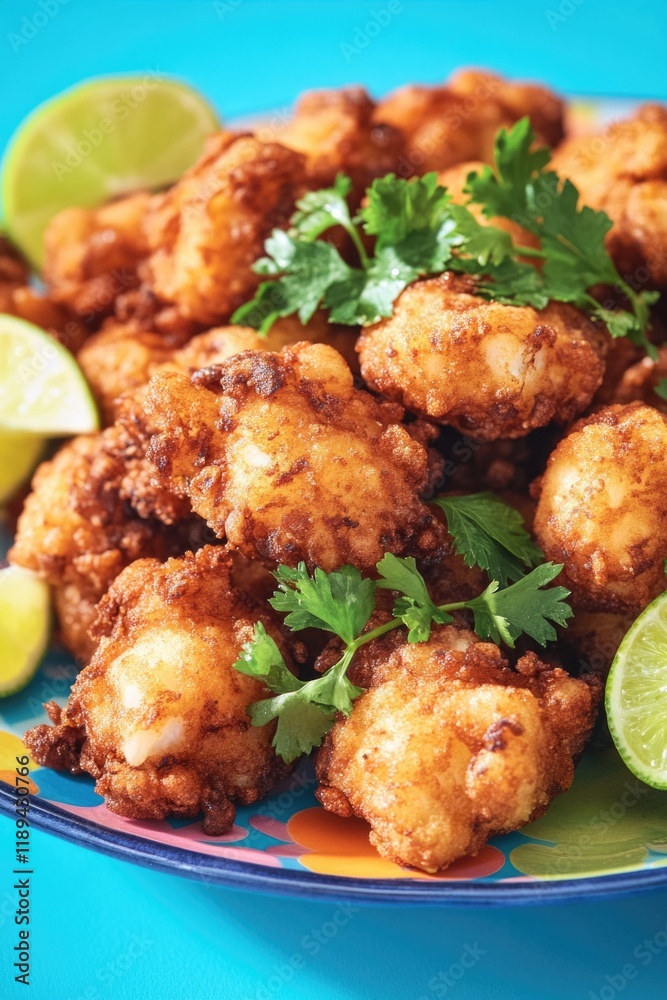 Freshly cooked fried food served with lime wedges for a burst of citrus flavor Freshly cooked fried food served with lime wedges for a burst of citrus flavor