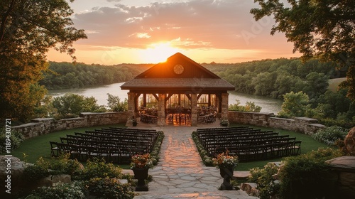 Outdoor wedding ceremony at sunset on a scenic hillside with guests enjoying ...