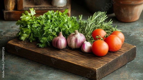 Fresh herbs and vegetables arranged on a wooden cutting board with oil in a r...