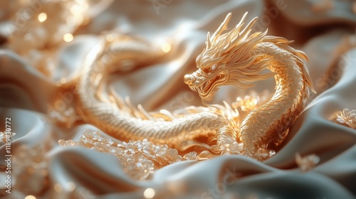 Exquisite golden dragon sculpture among textured fabrics and natural elements...