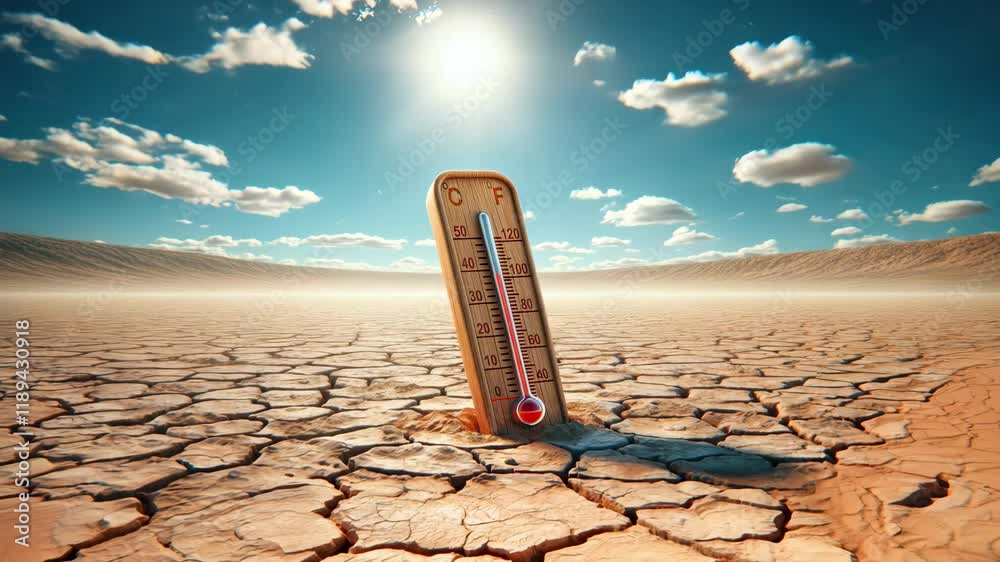 Heat, hot weather, global warming concept. High temperature on thermometer closeup, dry cracked land	