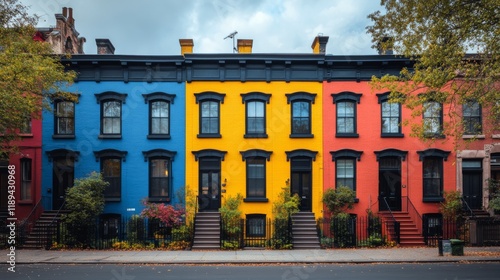 Colorful row houses along a charming street in a vibrant neighborhood with lu...