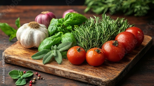 Fresh garlic and herbs arranged on a wooden board in a rustic setting