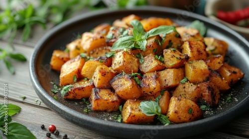 Delicious roasted butternut squash served with fresh herbs on a black plate