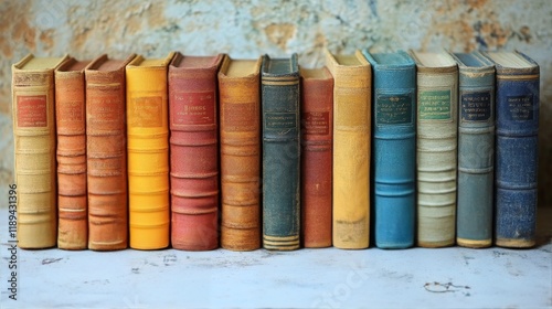 Vibrant color-coordinated books stacked in a library setting on a white table