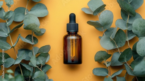 Natural essential oil bottle surrounded by green eucalyptus leaves on a dark ...