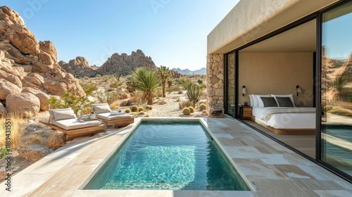 Modern desert retreat featuring pool and stunning rock formations in clear bl...
