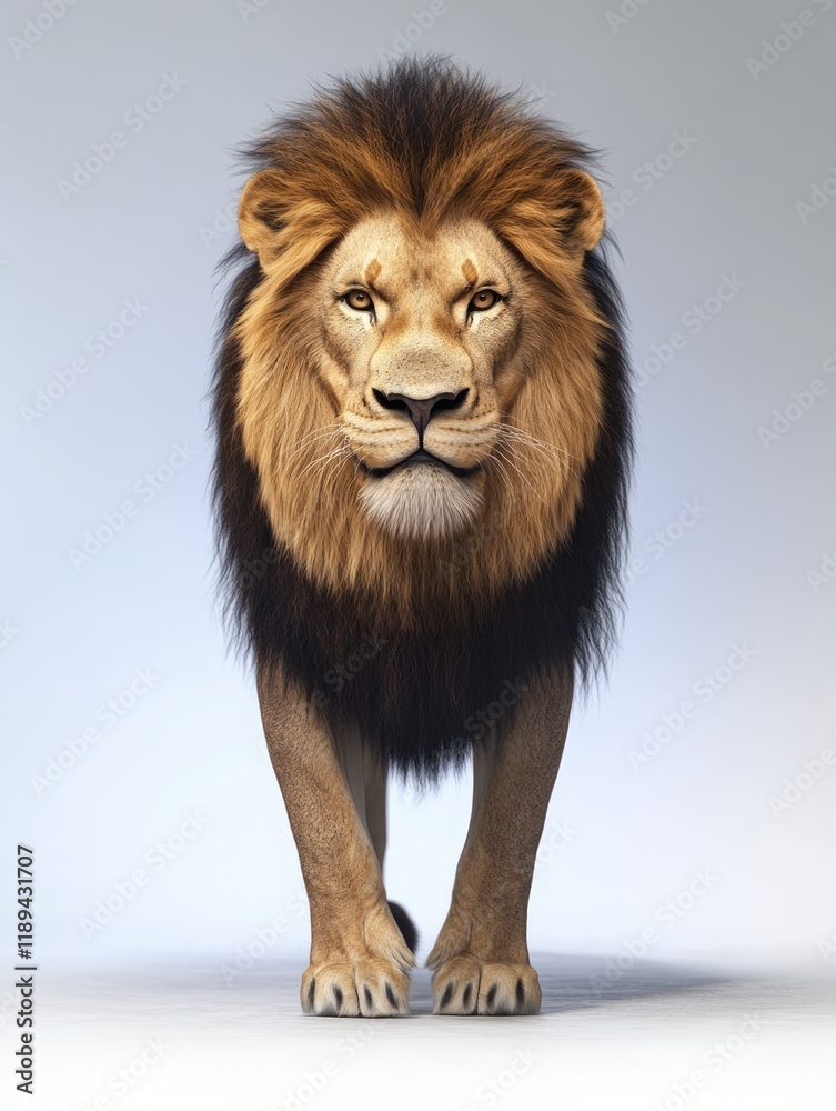 Obraz premium Lion stands in front of a white background. The lion is the main focus of the image, and it is looking directly at the camera. The lion's mane is long and full, giving it a majestic