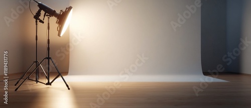 Studio lighting setup, empty backdrop, wood floor. Product photography
