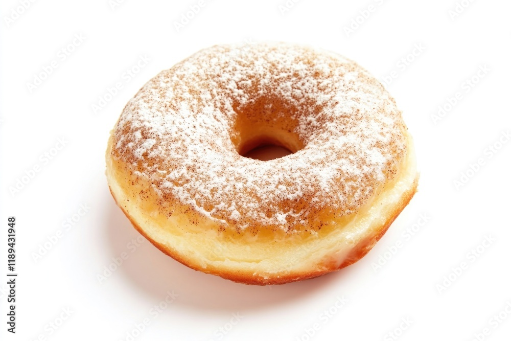Freshly baked doughnut topped with powdered sugar on a clean white surface Freshly baked doughnut topped with powdered sugar on a clean white surface