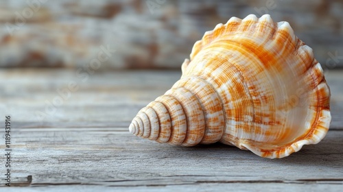Beautiful seashell resting on weathered wooden surface highlighting nature's ...