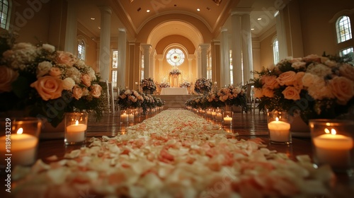 Elegant wedding ceremony setup with floral arrangements and candles in a gran...