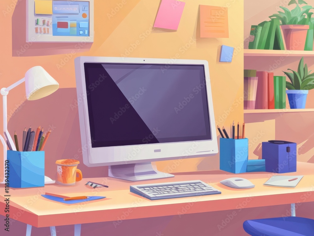 a desk with a computer and various office supplies