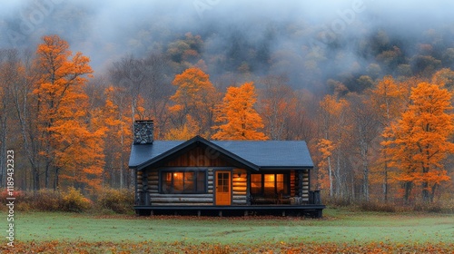 Cozy log cabin surrounded by vibrant fall foliage in a tranquil landscape at ...