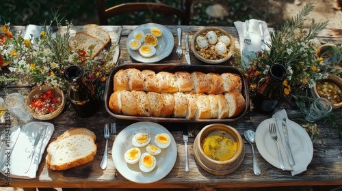 Delicious outdoor brunch setup featuring freshly baked bread and an assortmen...