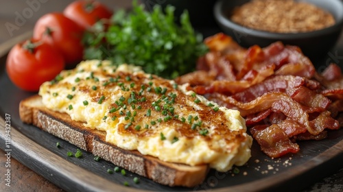 Breakfast plate with fluffy scrambled eggs, crispy bacon, and toasted bread s...