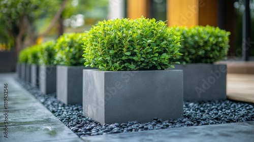Green boxwood shrubs in modern planters enhance outdoor aesthetic in contempo...