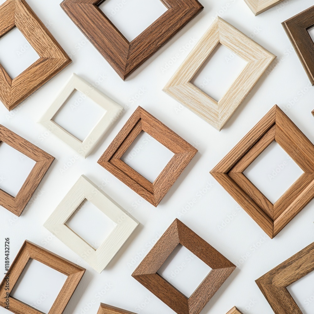 Fototapeta premium wooden picture frames arranged on a white surface