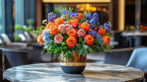 Modern dining table with vase of flowers in a stylish interior space during d...