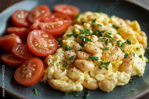 Scrambled eggs with beans and fresh vegetables served on a plate