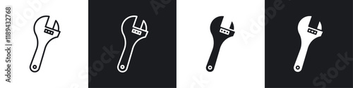 Adjustable wrench icons vectors set in black. line and flat versions