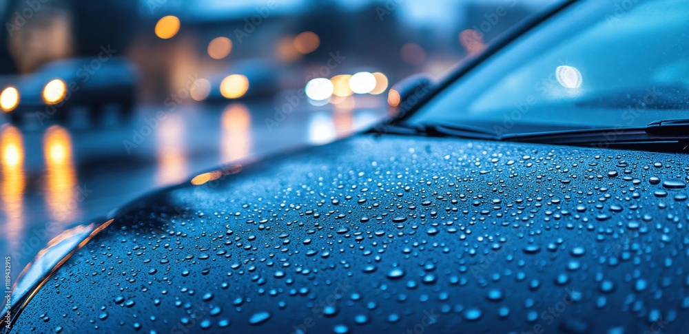 Raindrops accumulate on the smooth surface of a car's hood, reflecting city lights as vehicles pass by during a rainy evening. The atmosphere is vibrant yet serene. Raindrops accumulate on the smooth surface of a car's hood, reflecting city lights as vehicles pass by during a rainy evening. The atmosphere is vibrant yet serene.