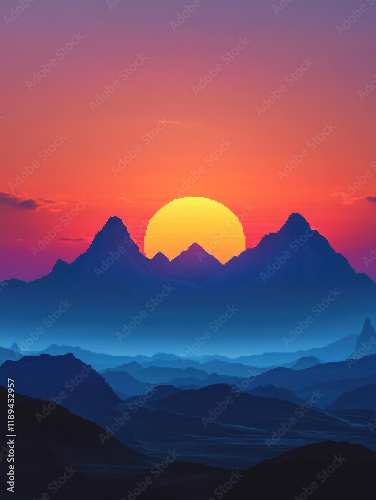 Obraz premium Beautiful sunset over a mountain range with a large sun in the sky. The mountains are covered in blue and the sky is a mix of blue and orange