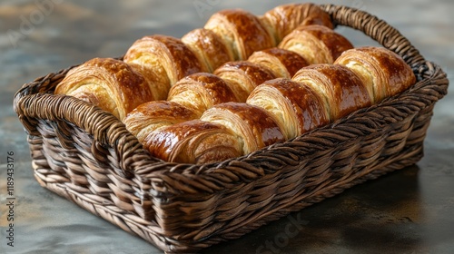 Freshly baked croissants beside a charming floral arrangement and dark chocol...