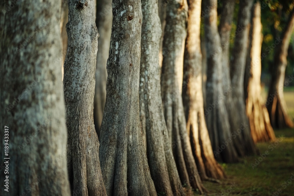 A row of trees standing in lush green grass, suitable for outdoor or nature-themed projects A row of trees standing in lush green grass, suitable for outdoor or nature-themed projects