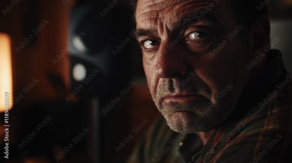 A person gazing straight at the viewer in a portrait-style shot A person gazing straight at the viewer in a portrait-style shot