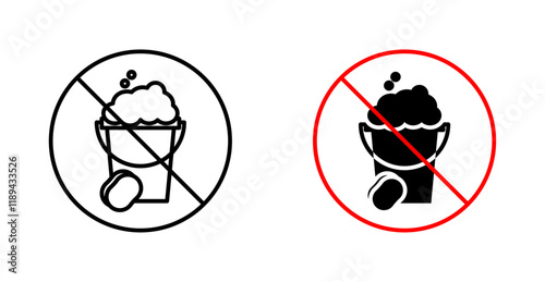 Cleaning bucket with sponge signs vectors set in black. line and flat versions