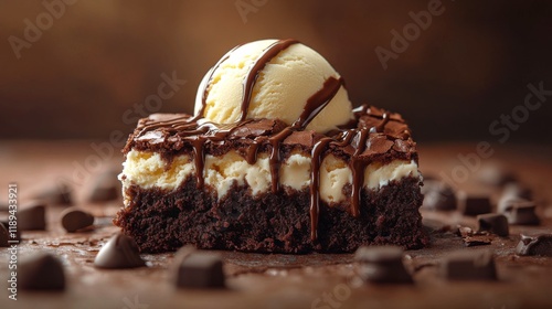 Decadent chocolate dessert with ice cream served on a wooden board