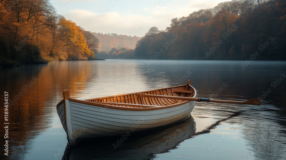 Obraz premium Serene wooden boat floating on calm river surrounded by lush greenery during late afternoon