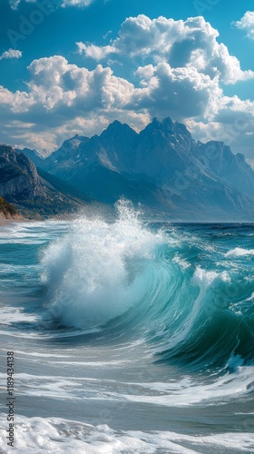 Waves crash against rocky shores under a bright sky with mountains in the bac...