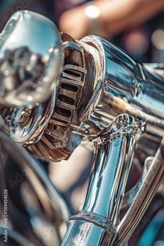 A close-up shot of a chrome motorcycle handle with intricate details and reflective finish
