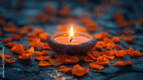 Beautiful diya lit among vibrant orange flower petals for festival celebration