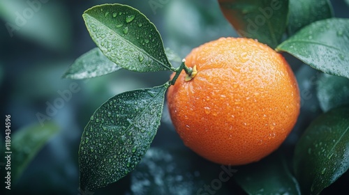 Fresh orange on tree branch glistening with raindrops in a lush garden setting