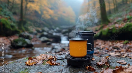 Coffee brewing in a vibrant forest during early morning fog