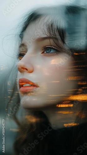 Close-up of a woman with artistic light streaks across her face, creating an ...