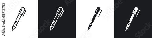 Fountain pen icons vectors set in black. line and flat versions