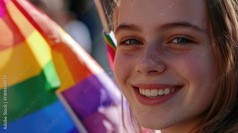 A young girl smiling and holding a rainbow flag, suitable for LGBTQ+ or diversity-themed illustrations A young girl smiling and holding a rainbow flag, suitable for LGBTQ+ or diversity-themed illustrations