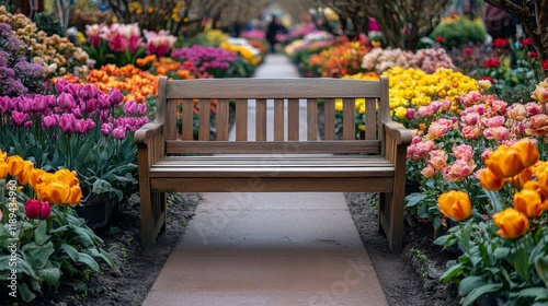 Peaceful wooden bench surrounded by colorful tulips in a vibrant spring garde...