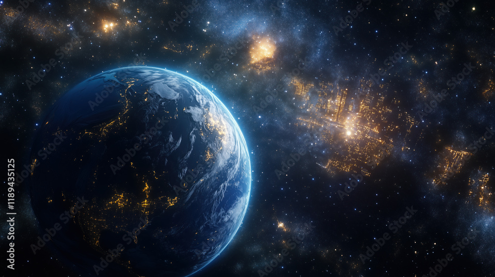 Obraz premium Breathtaking View of Earth from Space with a Vast Starry Sky Backdrop