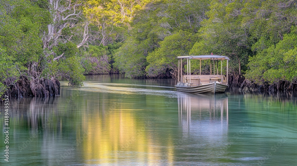 Fototapeta premium Boat tour through mangrove river, calm water, lush vegetation. Use Travel brochure
