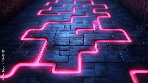 A 3D abstract maze of neon light paths twisting and turning with glowing edges in a dark space. photo