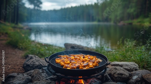 Grilling over a serene lake surrounded by autumn foliage on a cool evening