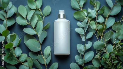 Bottle of lotion surrounded by fresh green leaves on a light green background