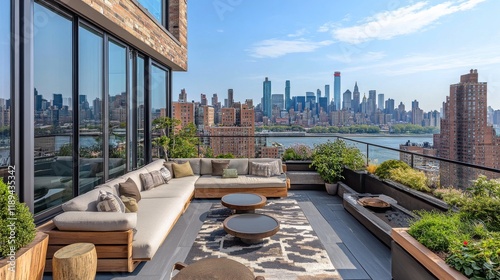 Rooftop garden with modern seating area and skyline view during sunset in a city
