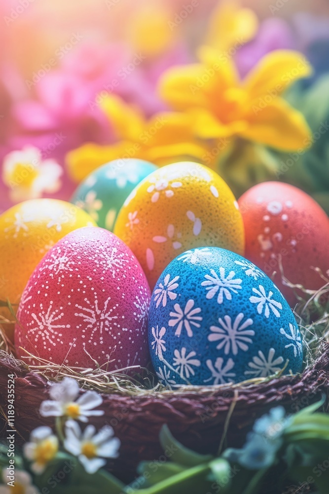Fototapeta premium Basket of eggs with white and blue designs on them sits in a flower bed. The eggs are of different colors, including yellow, blue, and red. The basket is surrounded by flowers, creating a cheerful