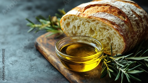 Freshly baked bread with olive oil served on a wooden board with herbs
